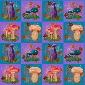 Mushroom Patchwork Quilt Blocks Blue Purple (2 inch squares. on fabric)