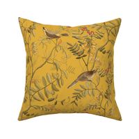 Daylight - acacia branches and birds on yellow mustard background