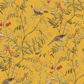 Daylight - acacia branches and birds on yellow mustard background