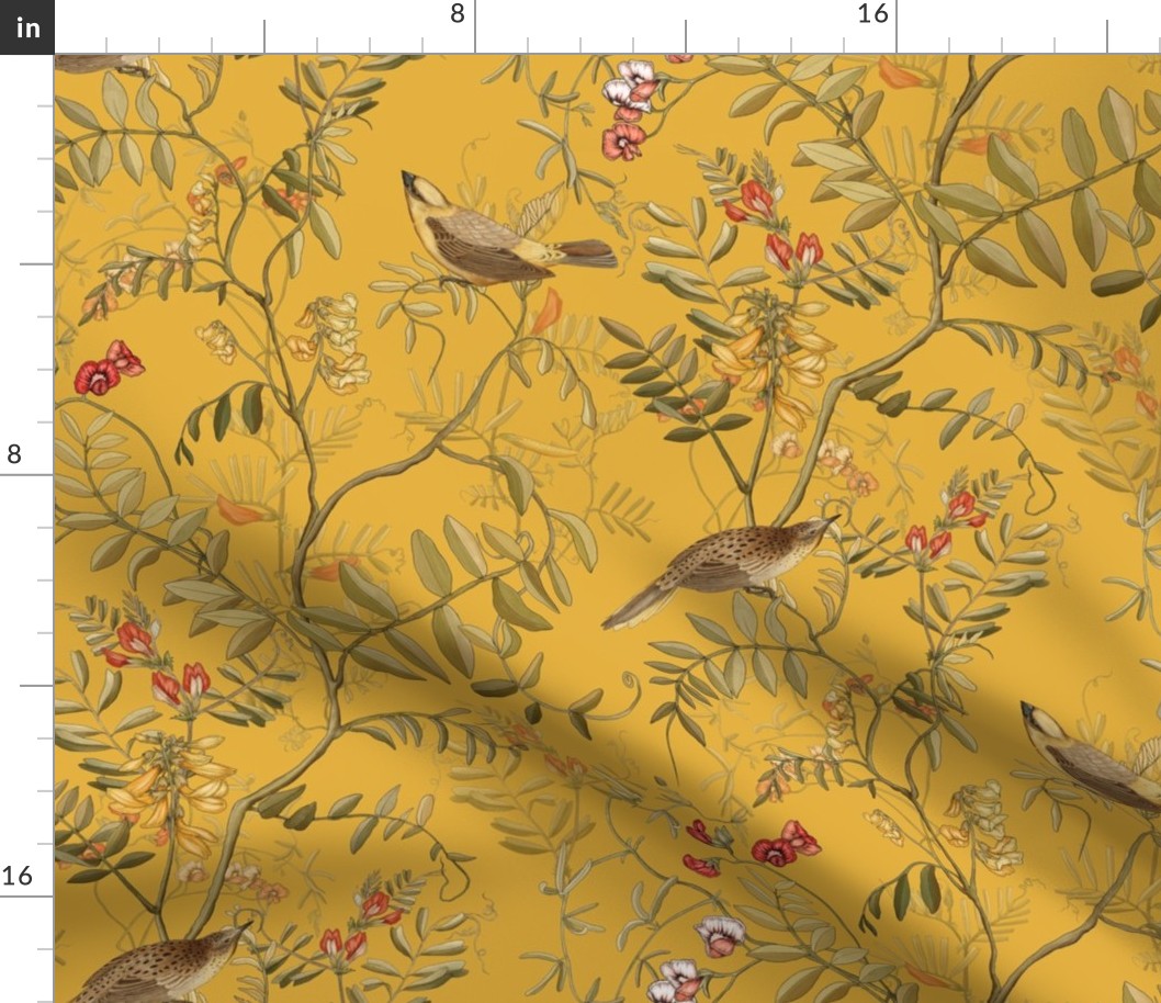 Daylight - acacia branches and birds on yellow mustard background