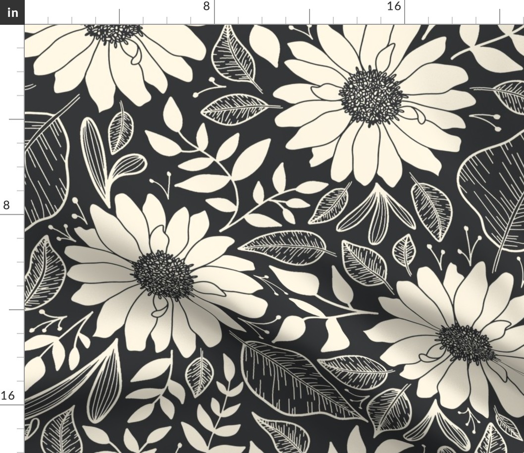 Boho botanical nondirectional floral line art | Large Scale | Cracked Pepper Charcoal, Warm Cream White