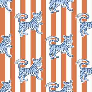Blue tiger on orange rust stripes/large