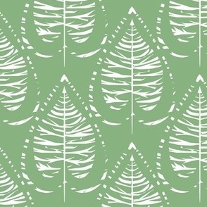 White stylized leaves on a green background. 