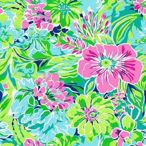 Floral Blue Pink Green Home Decor Watercolor Flowers Tropical Quilting Aqua Preppy Florida Palm Beach