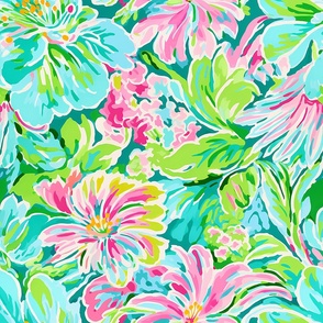 Floral Blue Pink Green Home Decor Watercolor Flowers Tropical Quilting Aqua Preppy Florida Palm Beach