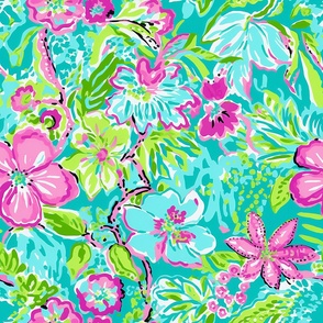 Floral Blue Pink Green Home Decor Watercolor Flowers Tropical Quilting Aqua Preppy Florida Palm Beach