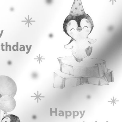 Happy Birthday Penguin Balloons Gray