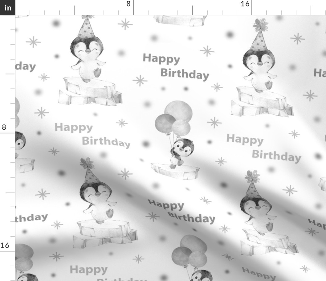 Happy Birthday Penguin Balloons Gray