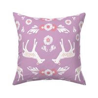Scandinavian folk art Otomi pattern with fawns & flowers / lavender & pink