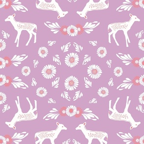 Scandinavian folk art Otomi pattern with fawns & flowers / lavender & pink