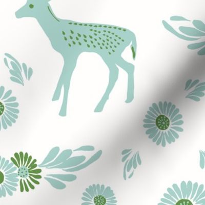 Scandinavian folk art Otomi pattern with fawns and flowers / mint and green
