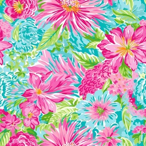 Floral Blue Pink Green Home Decor Watercolor Flowers Tropical Quilting Aqua Preppy Florida Palm Beach