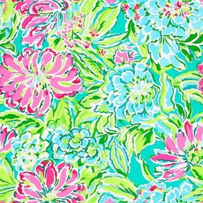 Floral Blue Pink Green Home Decor Watercolor Flowers Tropical Quilting Aqua Preppy Florida Palm Beach