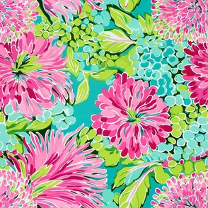 Floral Blue Pink Green Home Decor Watercolor Flowers Tropical Quilting Aqua Preppy Florida Palm Beach