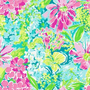 Floral Blue Pink Green Home Decor Watercolor Flowers Tropical Quilting Aqua Preppy Florida Palm Beach