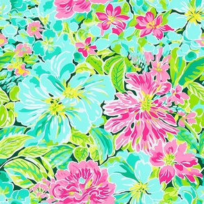 Floral Blue Pink Green Home Decor Watercolor Flowers Tropical Quilting Aqua Preppy Florida Palm Beach