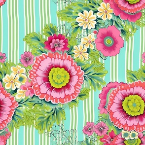 Floral Blue Pink Green Home Decor Watercolor Flowers Tropical Quilting Aqua Preppy Florida Palm Beach