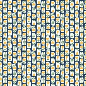 Small Yellow Whimsical Flowers in Blocks on Navy Ground with Faux Texture