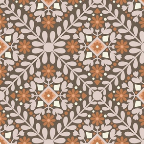 (L) Floral Squares / Neutral Brown Version / Large Scale or Wallpaper
