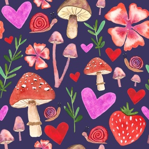 Snail and Mushroom love - watercolor painting with dark blue background