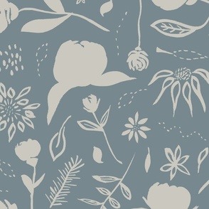Hand Drawn Garden Flowers And Leaves Dusky Blue And Beige Extra Large