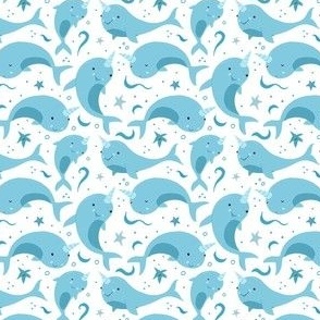 Small - Cute Blue Narwhals on White