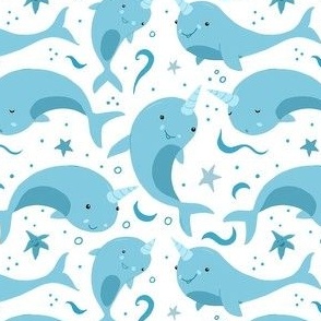 Cute Blue Narwhals on White