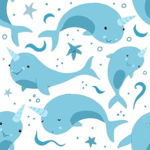 Large - Cute Blue Narwhals on White