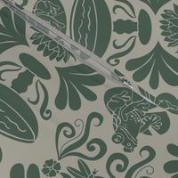 Art Nouveau Frog Toile Greige and Green