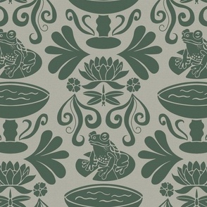 Art Nouveau Frog Toile Greige and Green