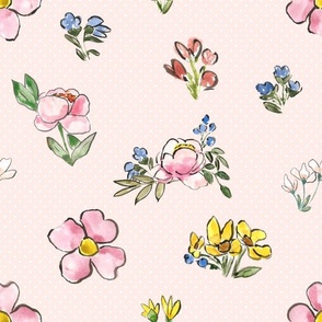 spring cottage blooms on blush polka dots