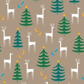White Deer and Trees with Birds in Khaki Tan - Small Scale