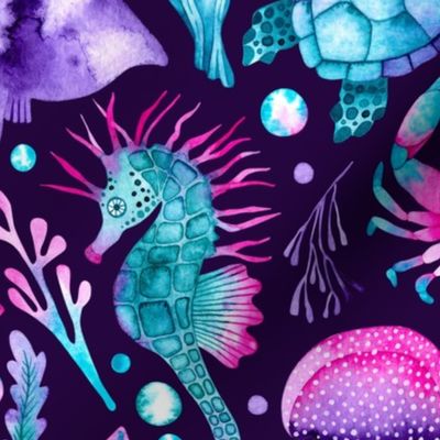 Sea Creatures in Watercolor on Dark Blue