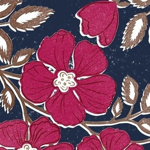 Wallflowers Block Print_Large Scale_24x36_cerise pink on dark pageant navy blue ground