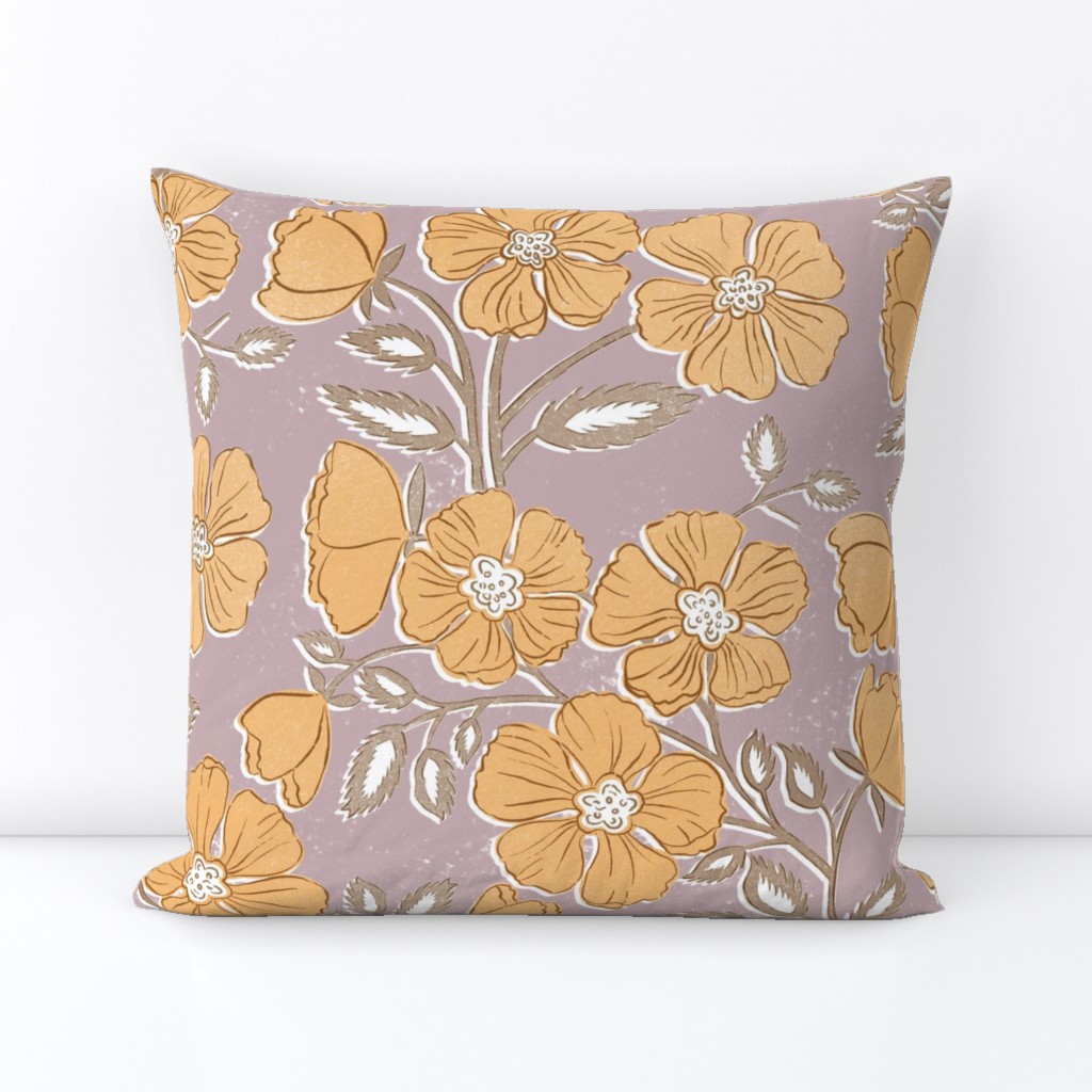 Wallflowers Block Print Large Scale 24x36 beeswax yellow orange on faded lilac ground