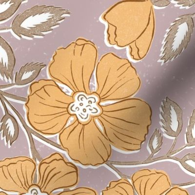 Wallflowers Block Print_Large Scale_24x36_beeswax yellow orange on faded lilac ground
