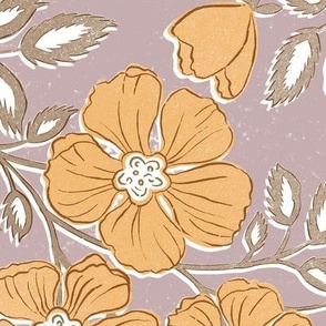 Wallflowers Block Print Large Scale 24x36 beeswax yellow orange on faded lilac ground