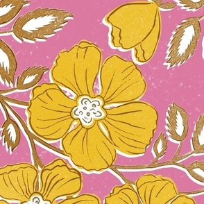 Wallflowers Block Print_Large Scale_24x36_bumblebee golden yellow on wild orchid pink ground