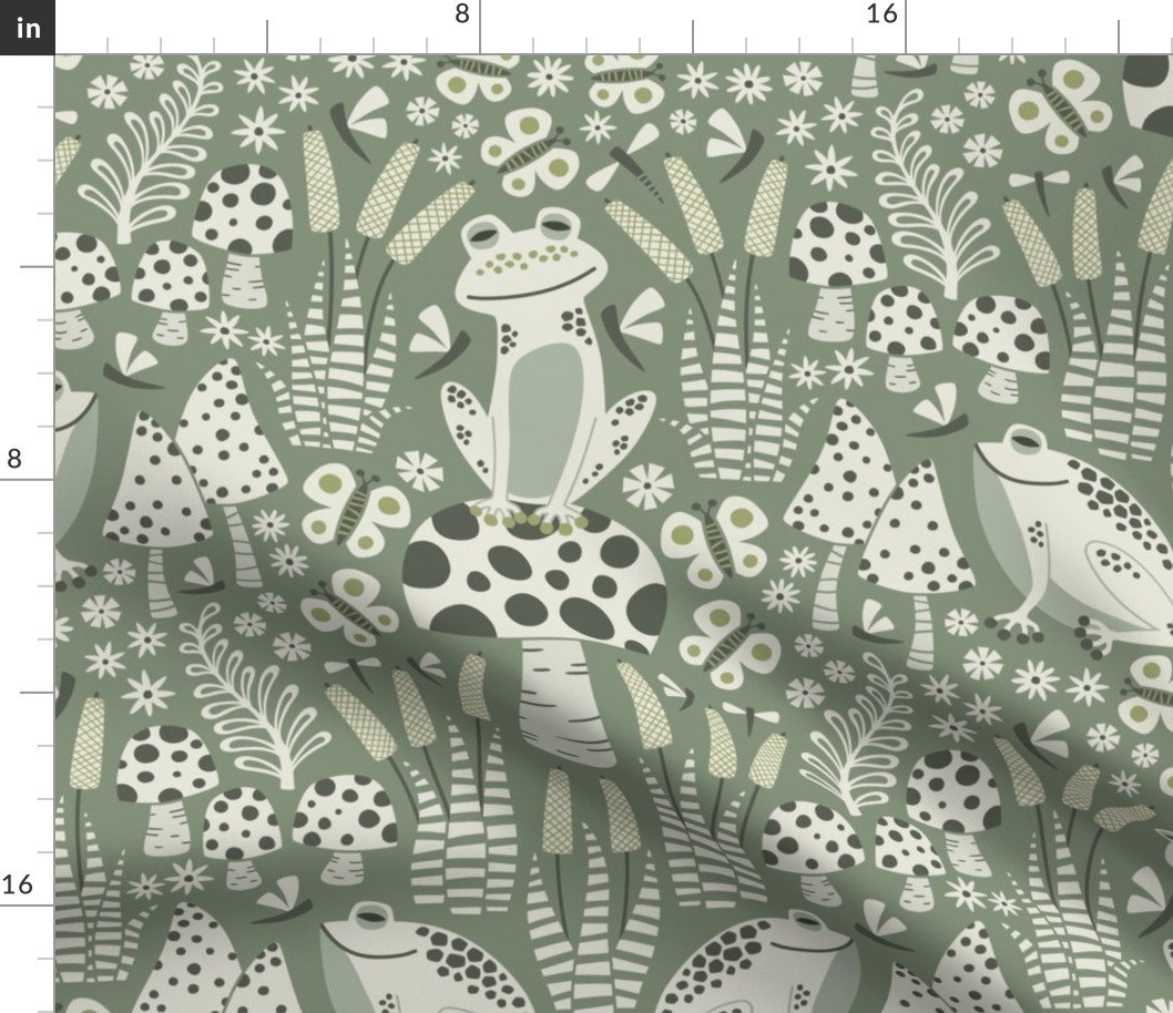 frogs forest damask - sage green (large)
