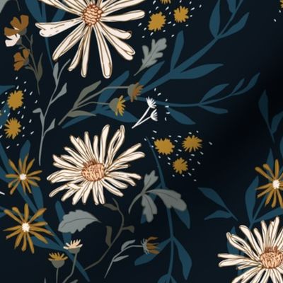 Golden floral blooms on Navy vines