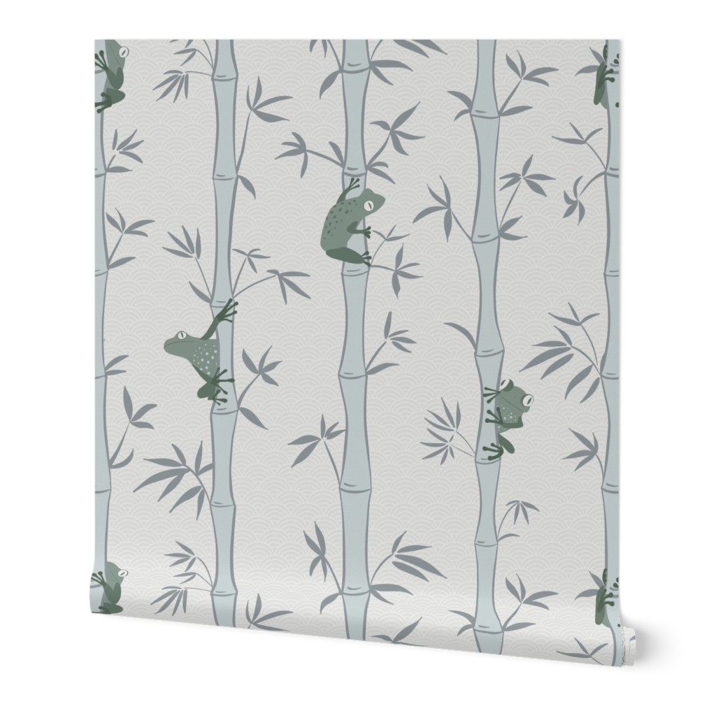 Japandi Bamboo Forest with Frogs, soft gray and calming blue green