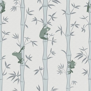 Japandi Bamboo Forest with Frogs, soft gray and calming blue green