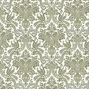 PEACOCK DAMASK IN BYZANTINE GREEN FAUX FLOCKED