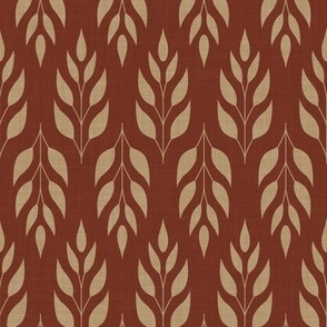 Warm beige leafy twig on rich terracotta | stylized symmetrical twig with leaves on linen texture, botanical geometric