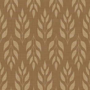 Warm beige leafy twig on warm caramel brown | stylized symmetrical twig with leaves on linen texture, botanical geometric