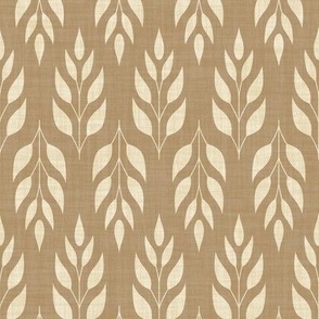 Cream white leafy twig on textured neutral beige | stylized symmetrical twig with leaves on linen texture, botanical geometric