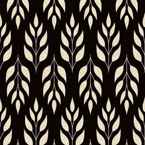 Cream white textured black | stylized symmetrical twig with leaves on linen texture, botanical geometric
