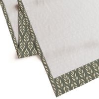 Cream white stylized leaves on artichoke green | stylized symmetrical twig with leaves on linen texture, botanical geometric