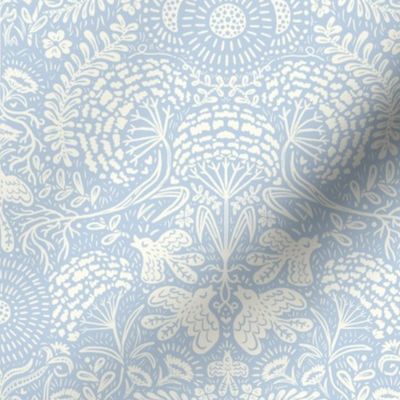 Woodland Damask - Hope is a Thing With Feathers - Pale Blue Fog & Ivory Cream