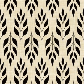 Black leaves on lightly textured cream white | stylized symmetrical twig with leaves on linen texture, botanical geometric